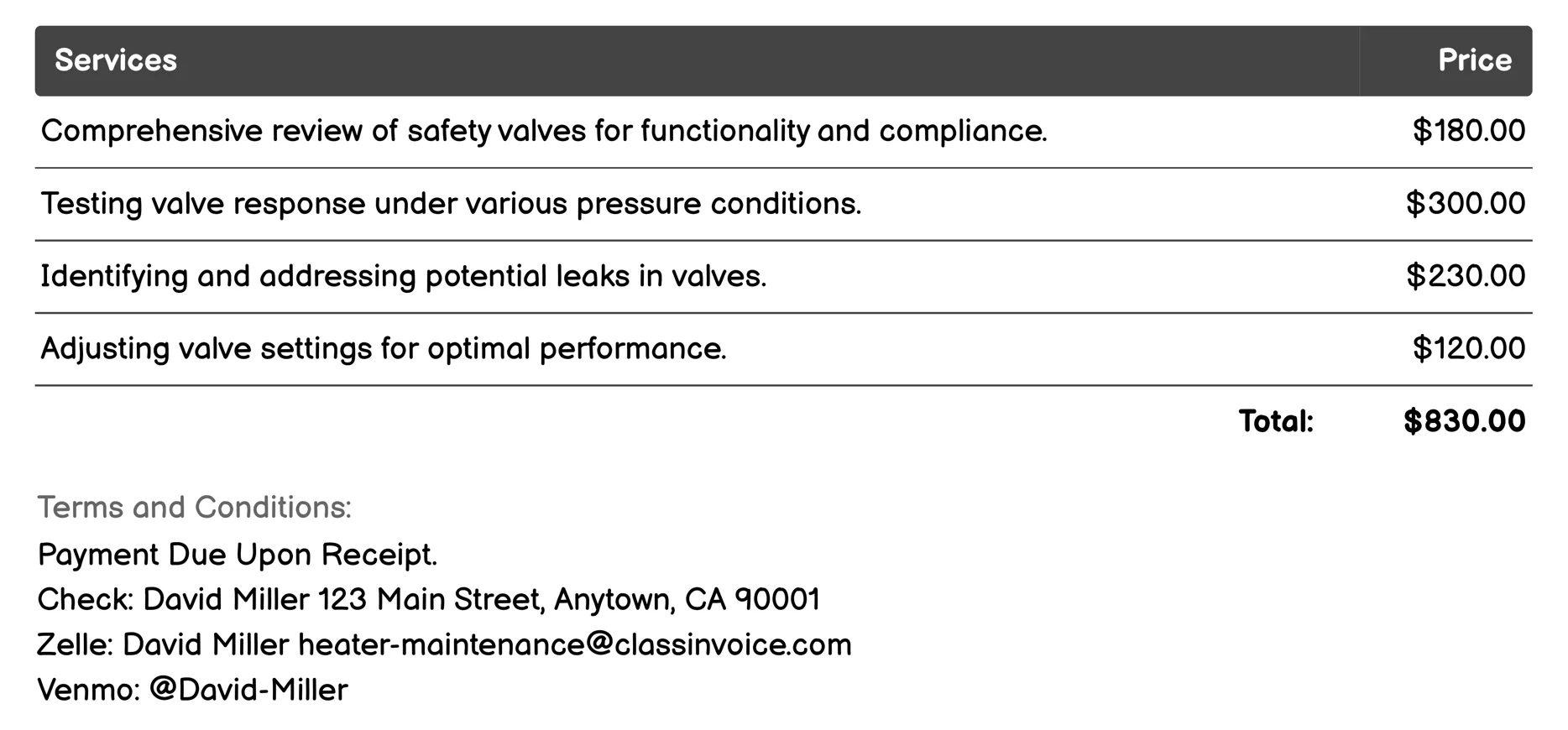 Safety Valve Testing Invoice Example