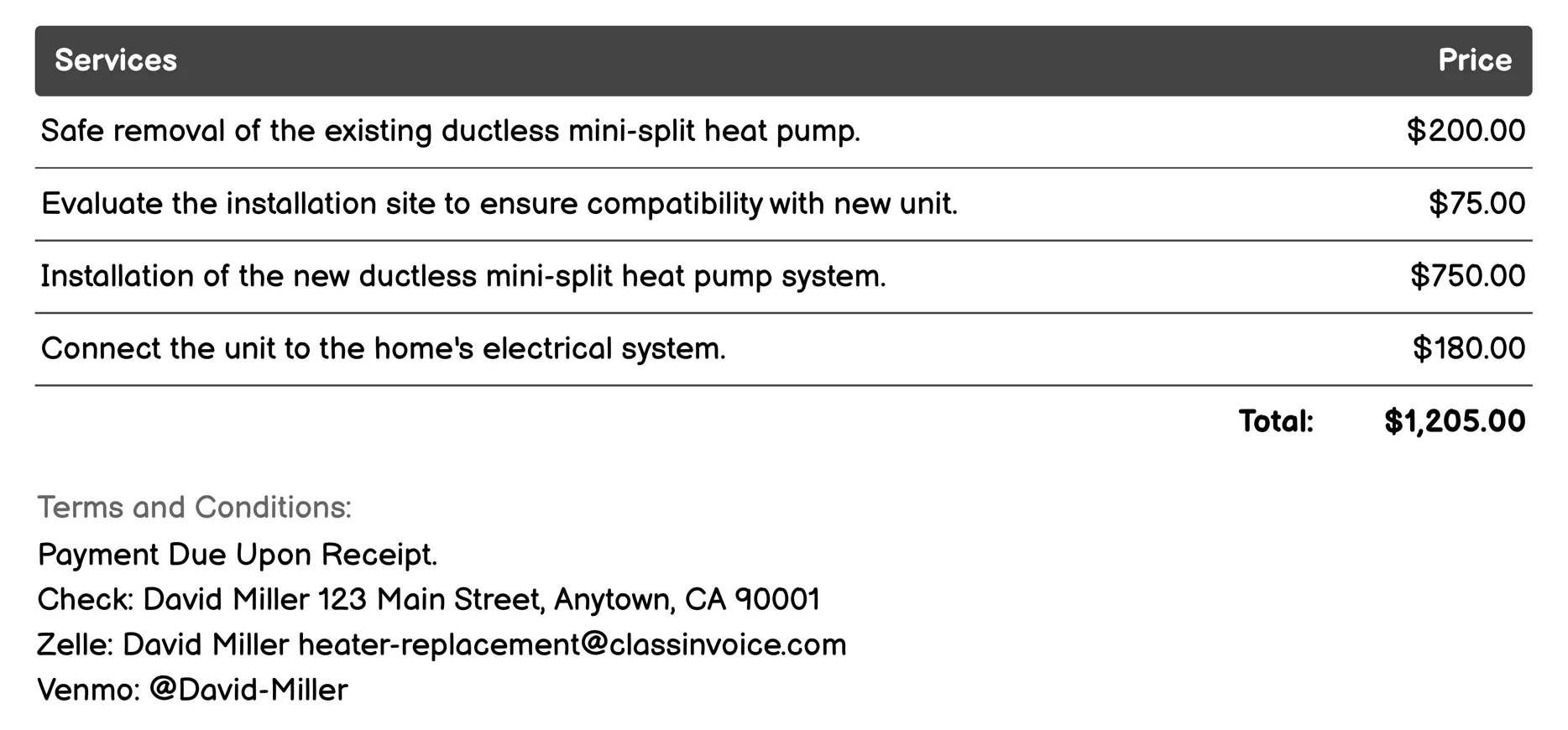 Ductless Mini-Split Heat Pump Replacement Invoice Example