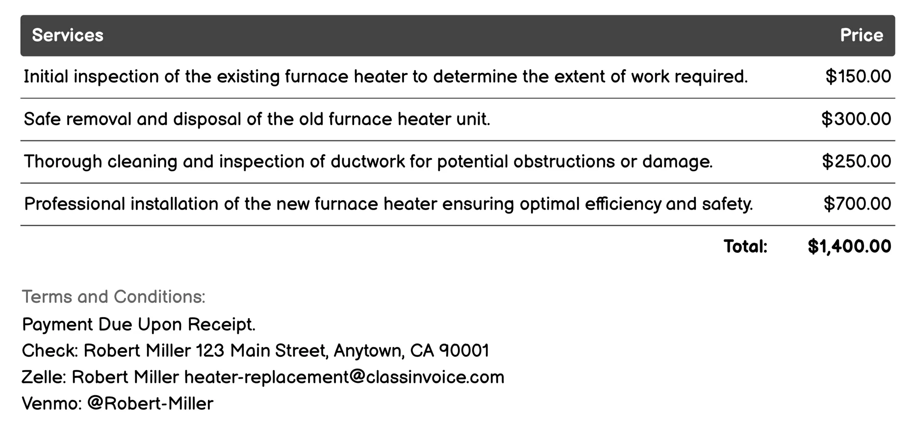 Furnace Heater Replacement Invoice Example