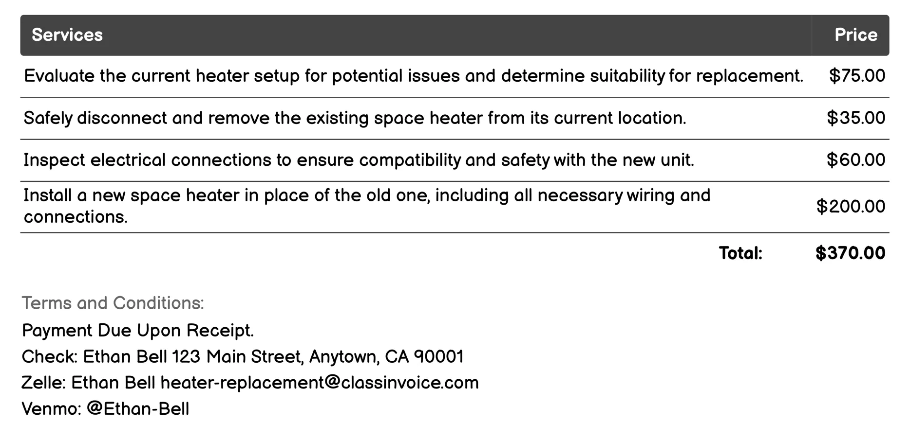 Space Heater Replacement Invoice Example