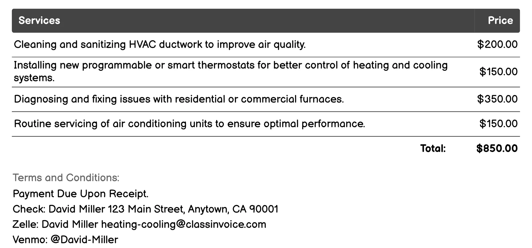 HVAC Repair Invoice Example