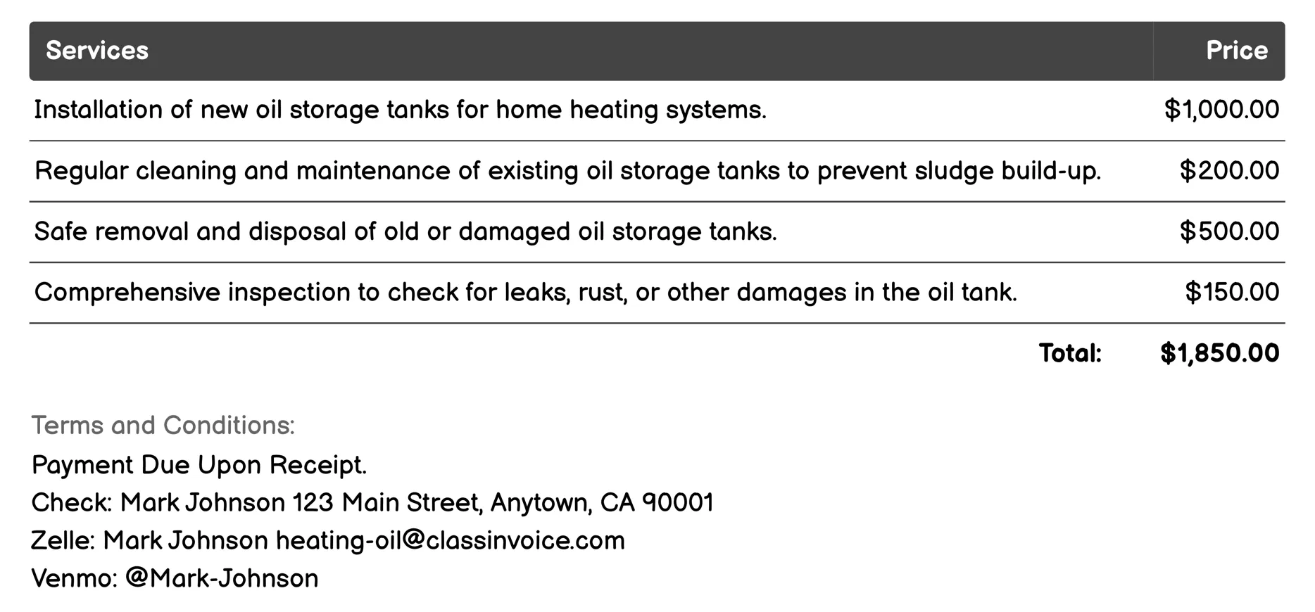 Fuel Transfer Services Invoice Example