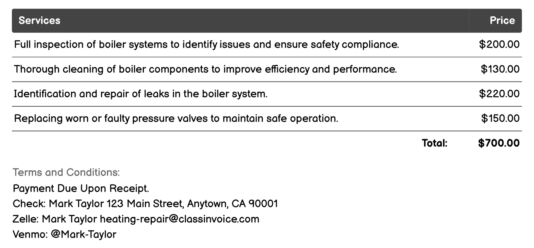 Boiler Repair Invoice Example