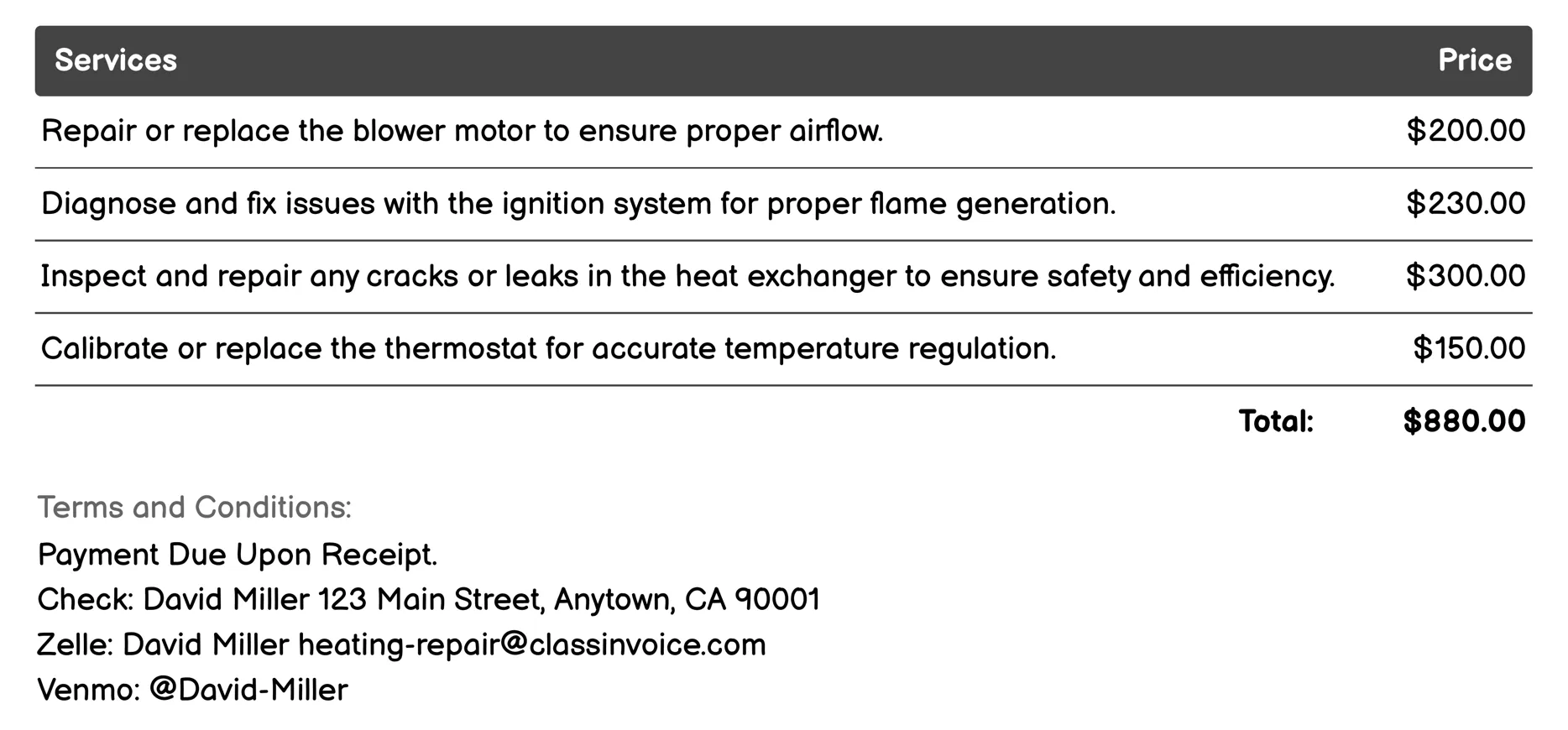 Furnace Repair Invoice Example
