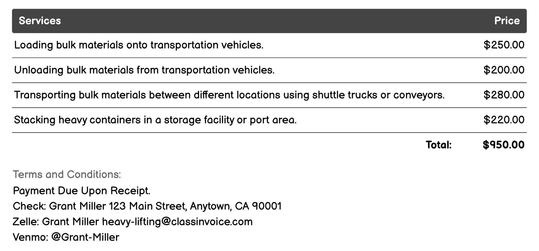 Bulk Material Handling Invoice Example