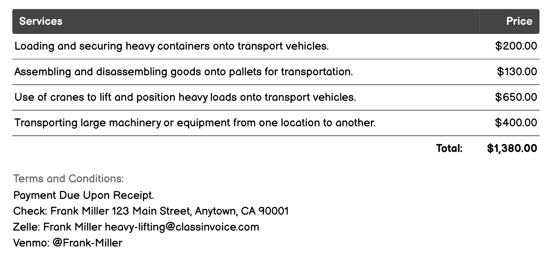 Freight Transportation Invoice Example