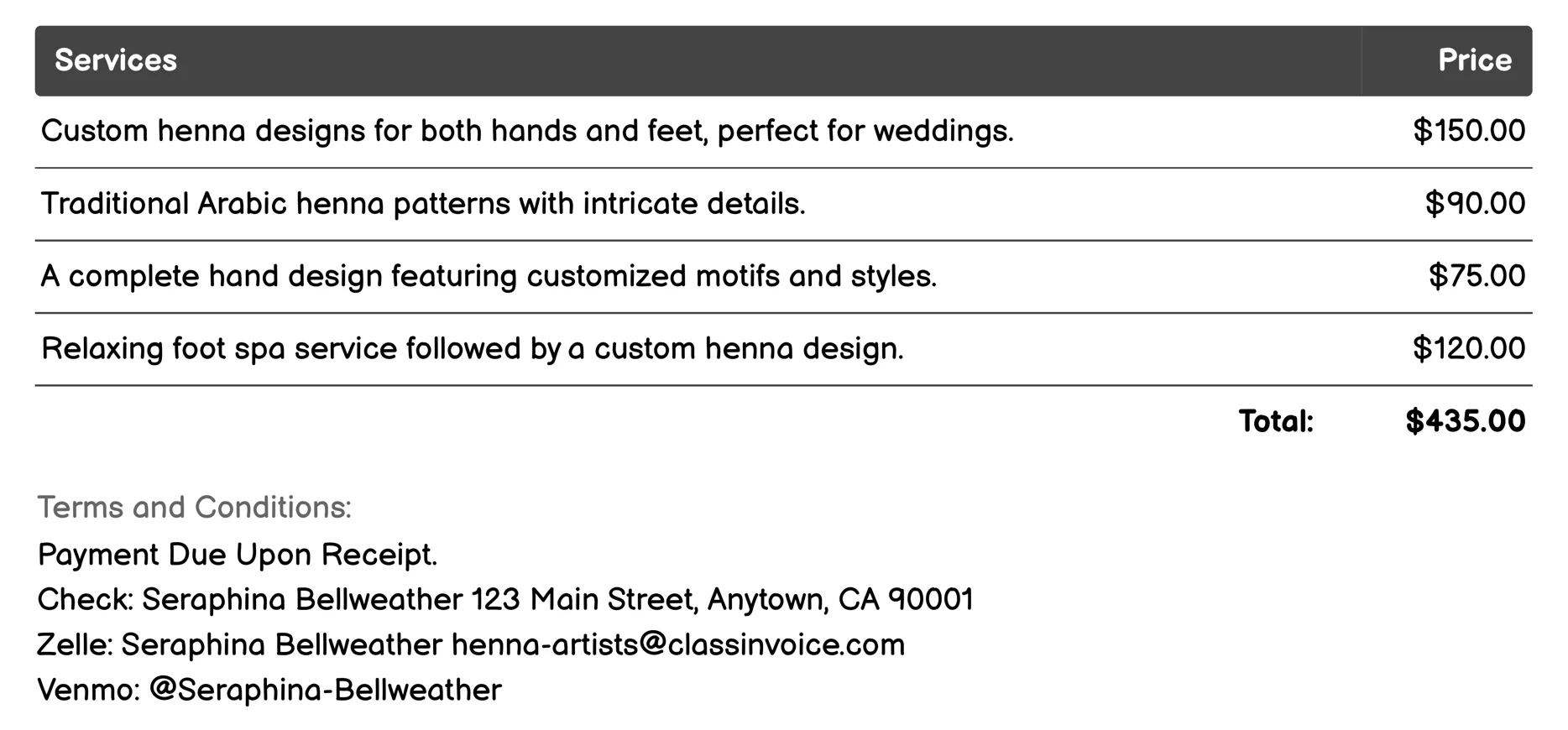 Custom Design Services Invoice Example