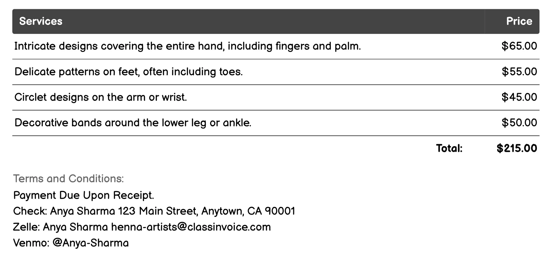 Tattoo Alternatives Invoice Example