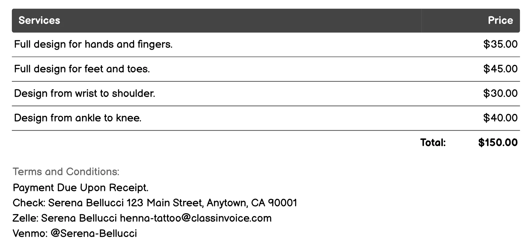 Quick-Set Henna Kits Invoice Example