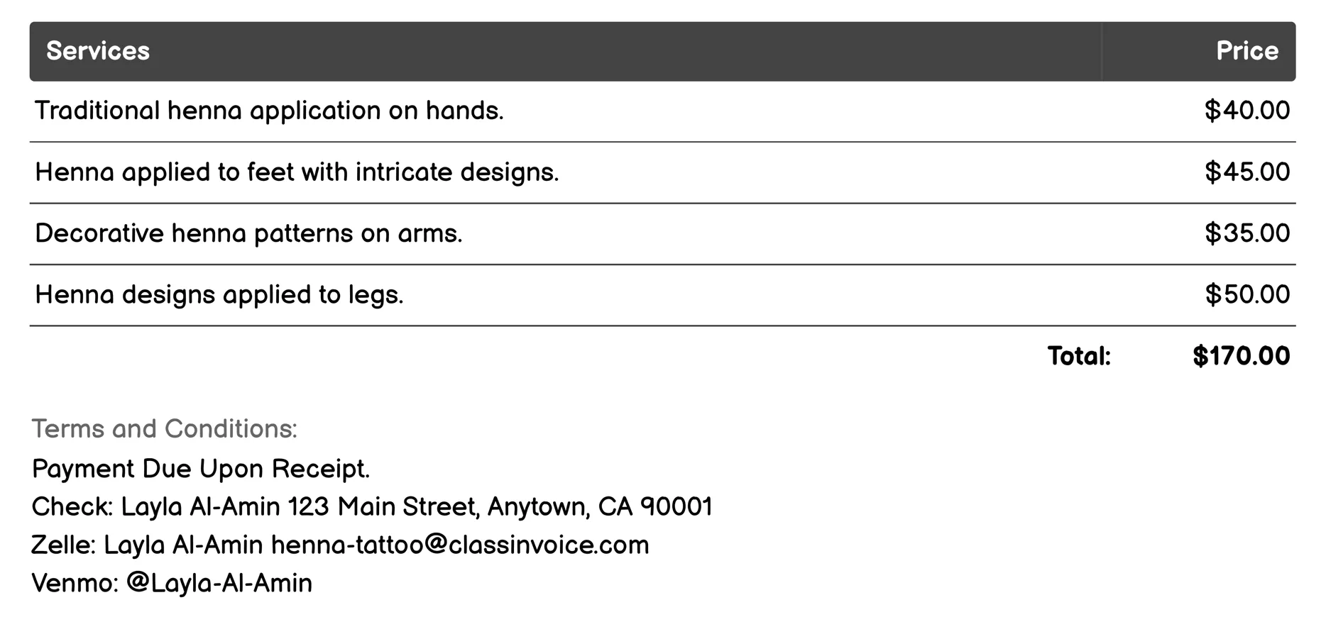 Traditional Henna Application Invoice Example