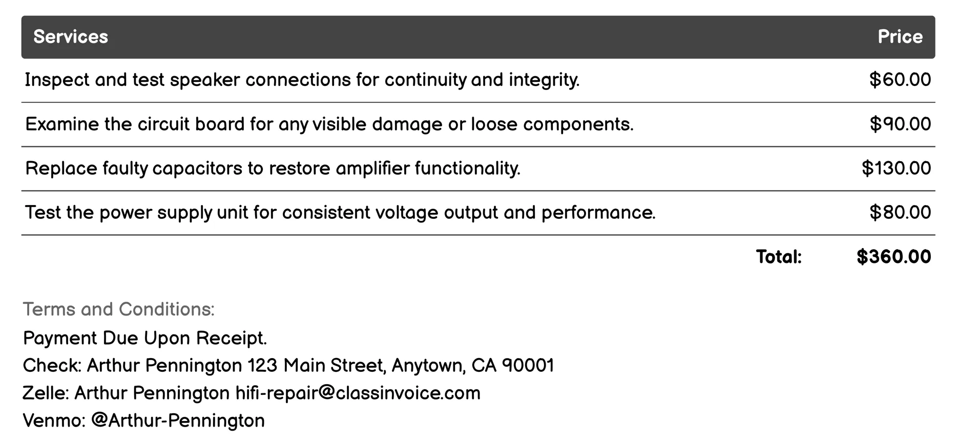 Amplifier Repair Invoice Example