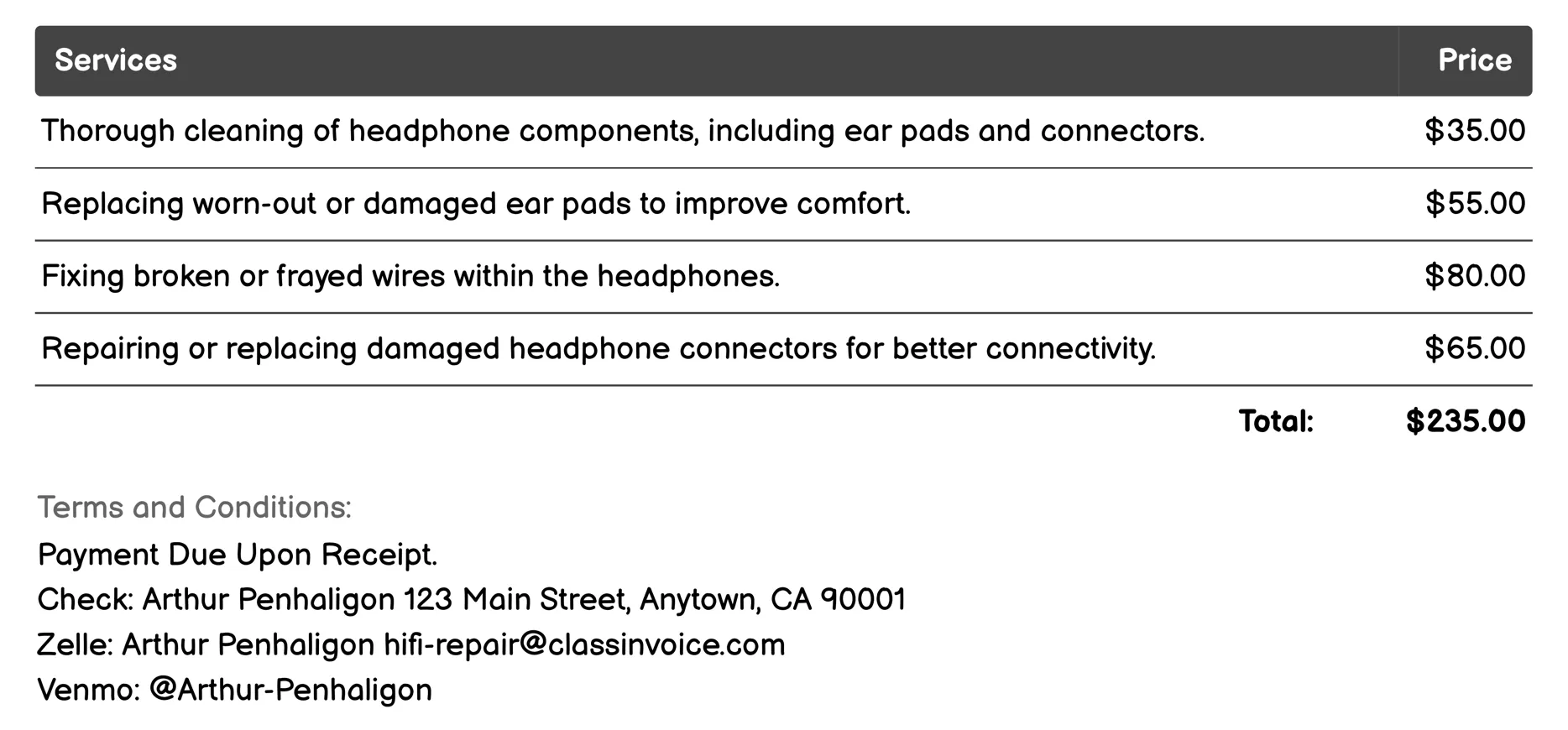 Headphone Servicing Invoice Example