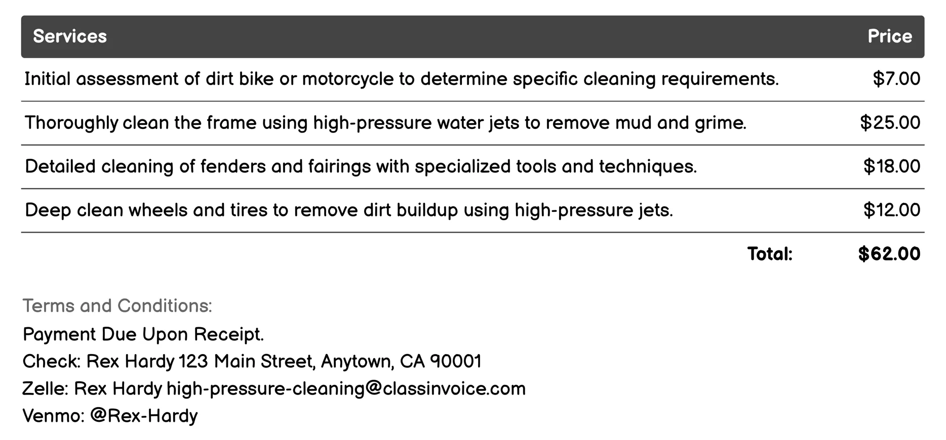 Dirt Bike and Motorcycle Cleaning Invoice Example