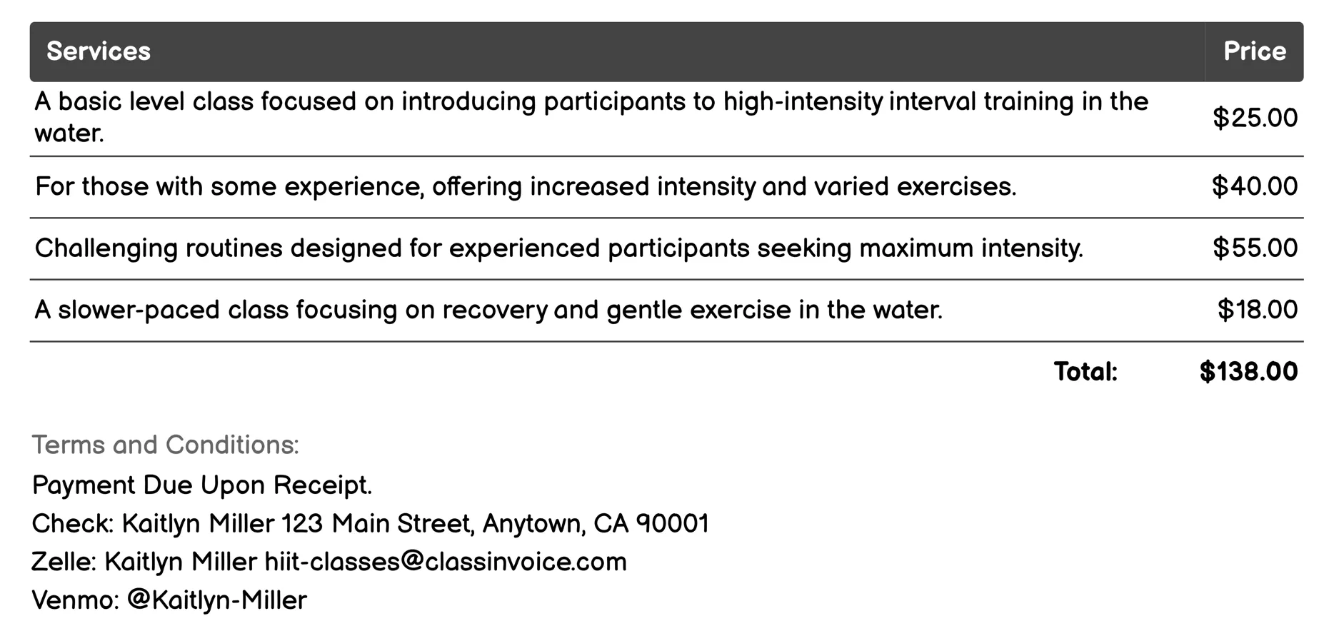 Aquatic HIIT Invoice Example