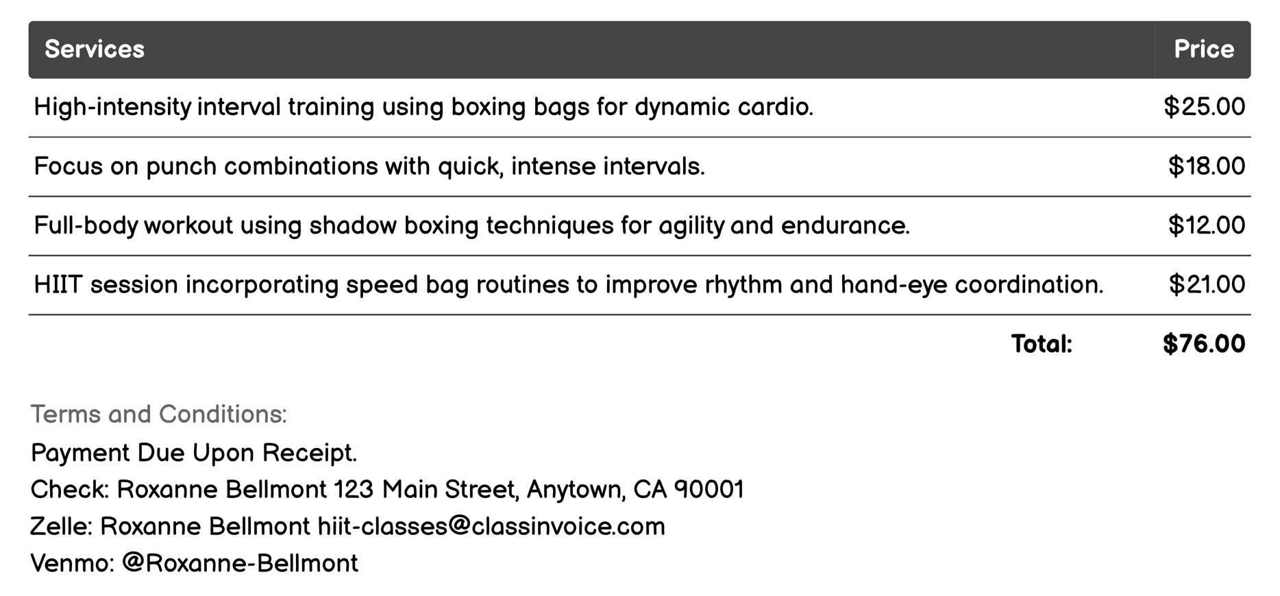 Boxing-inspired HIIT Invoice Example