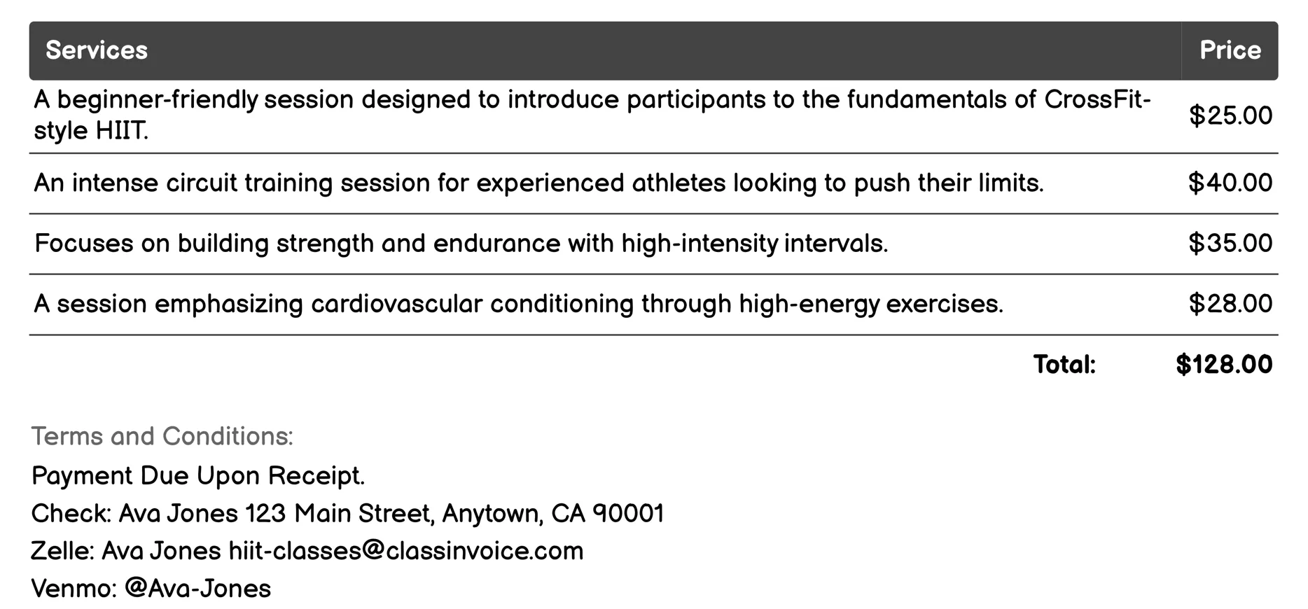 CrossFit-style HIIT Invoice Example