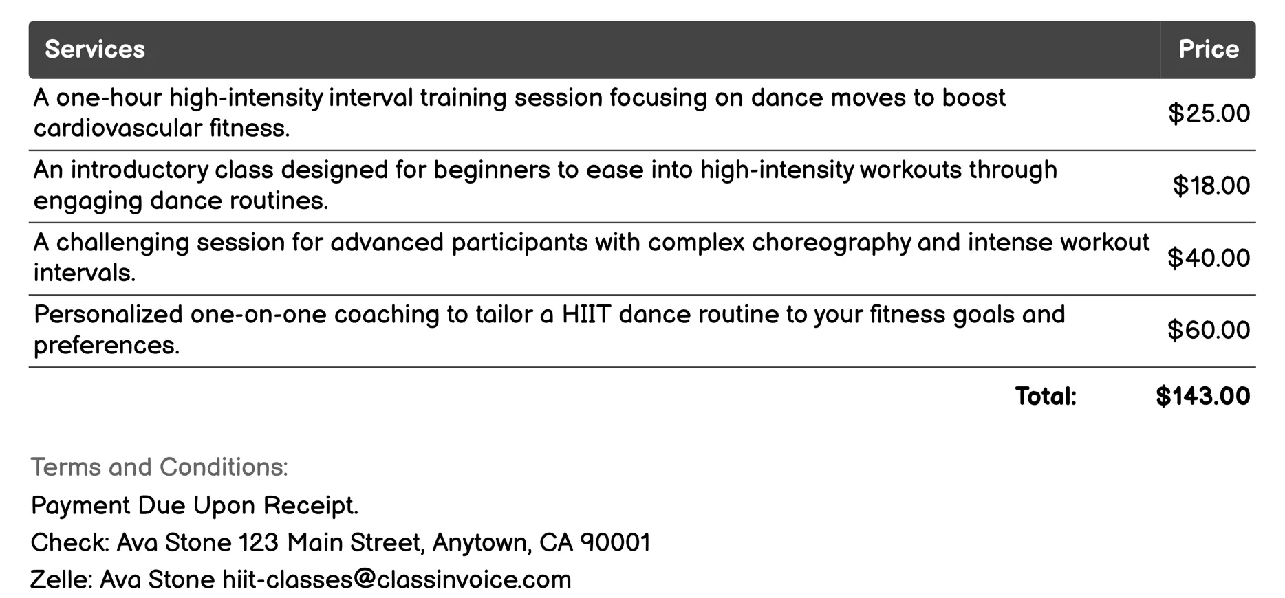 Dance Cardio HIIT Invoice Example