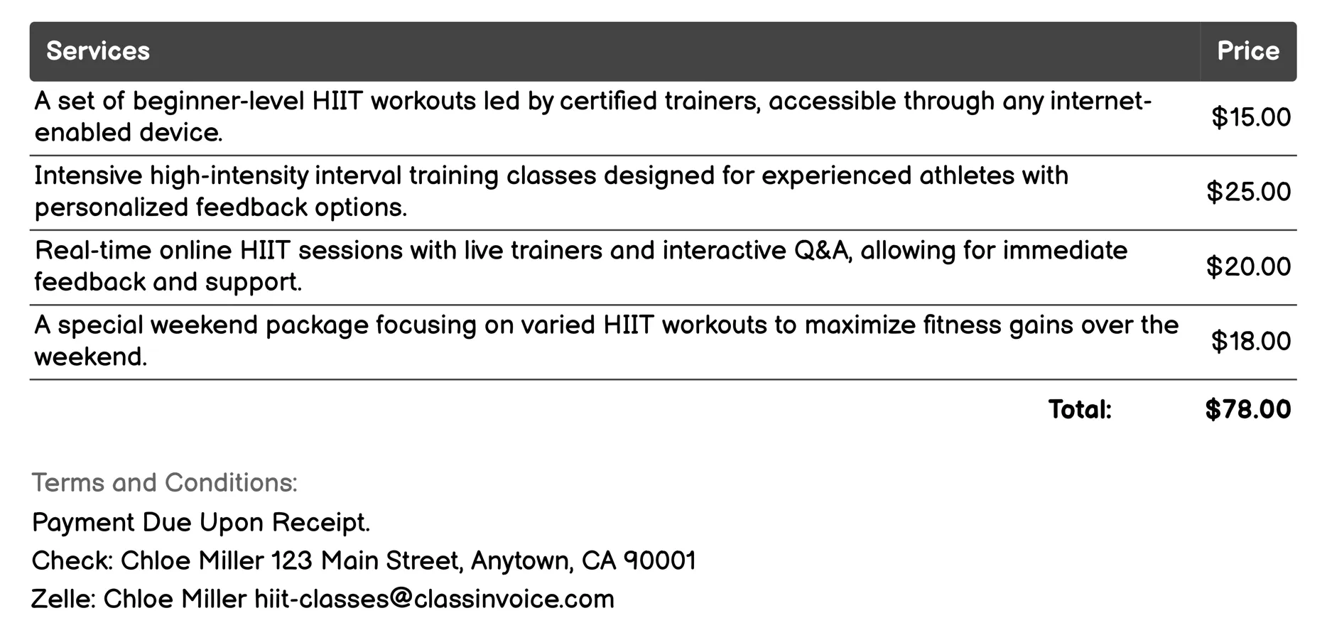 Online Virtual Classes Invoice Example