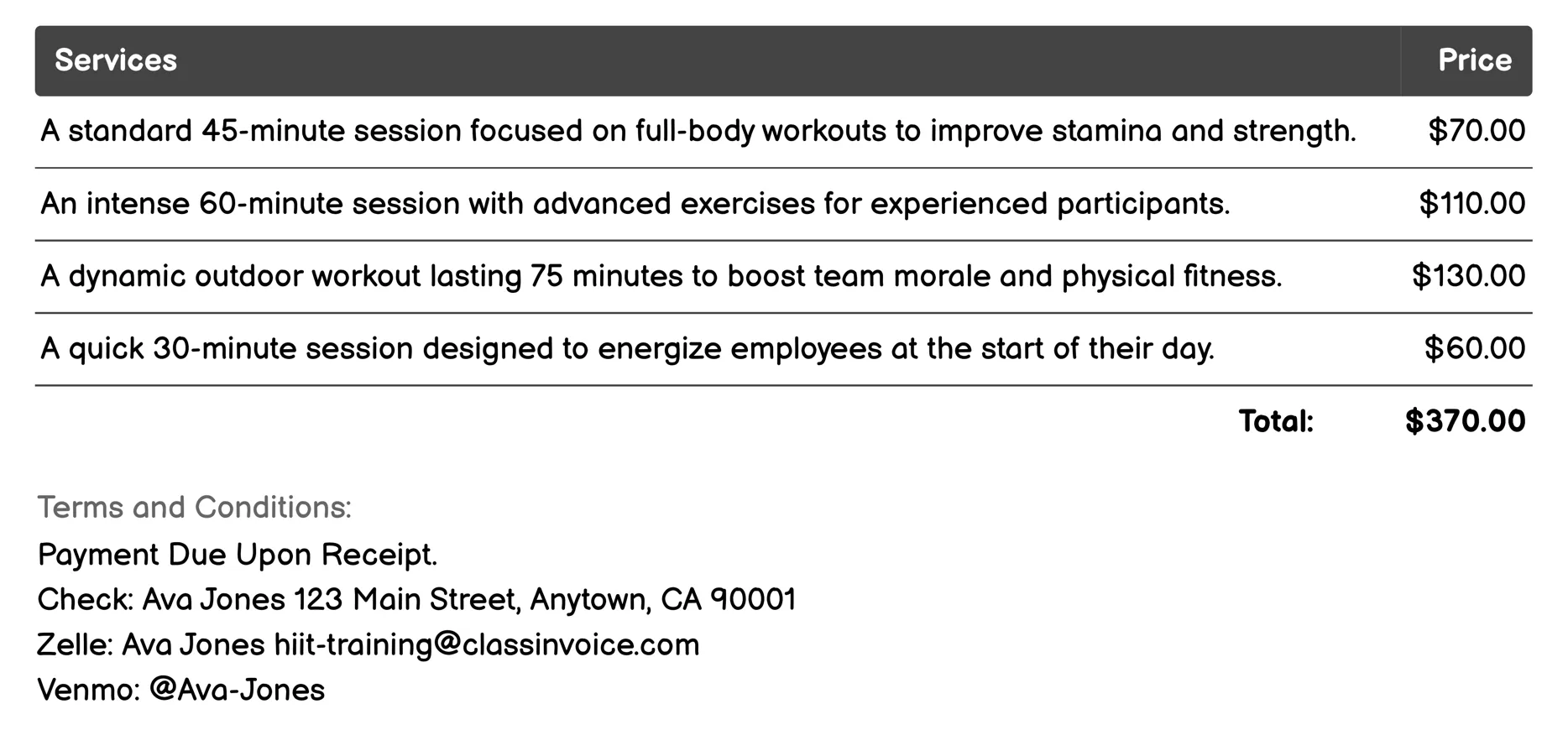 Corporate HIIT Sessions Invoice Example