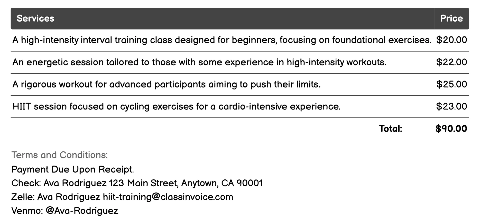 Group HIIT Classes Invoice Example