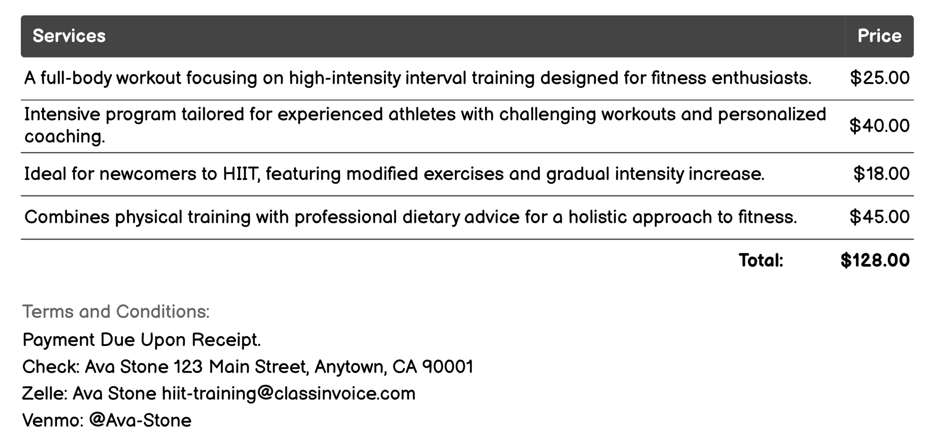 HIIT Bootcamp Programs Invoice Example