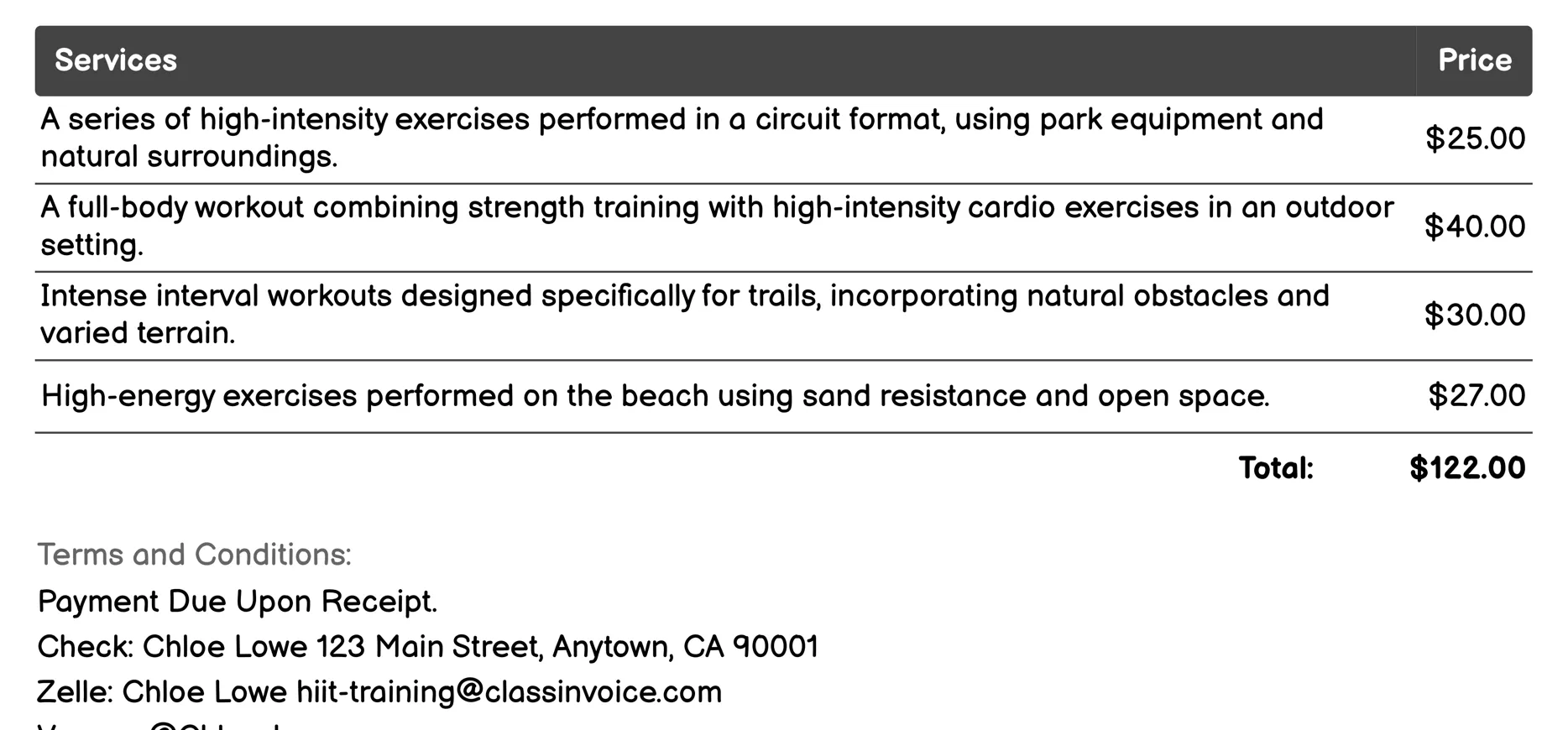 Outdoor HIIT Challenges Invoice Example
