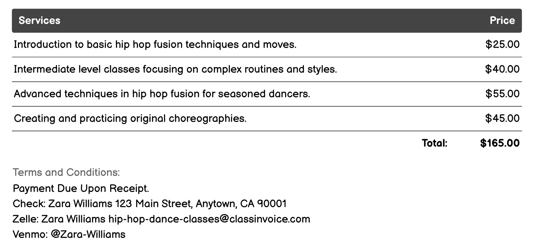 Hip Hop Fusion Invoice Example