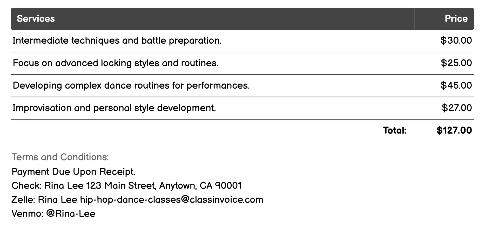 Intermediate Hip Hop Invoice Example