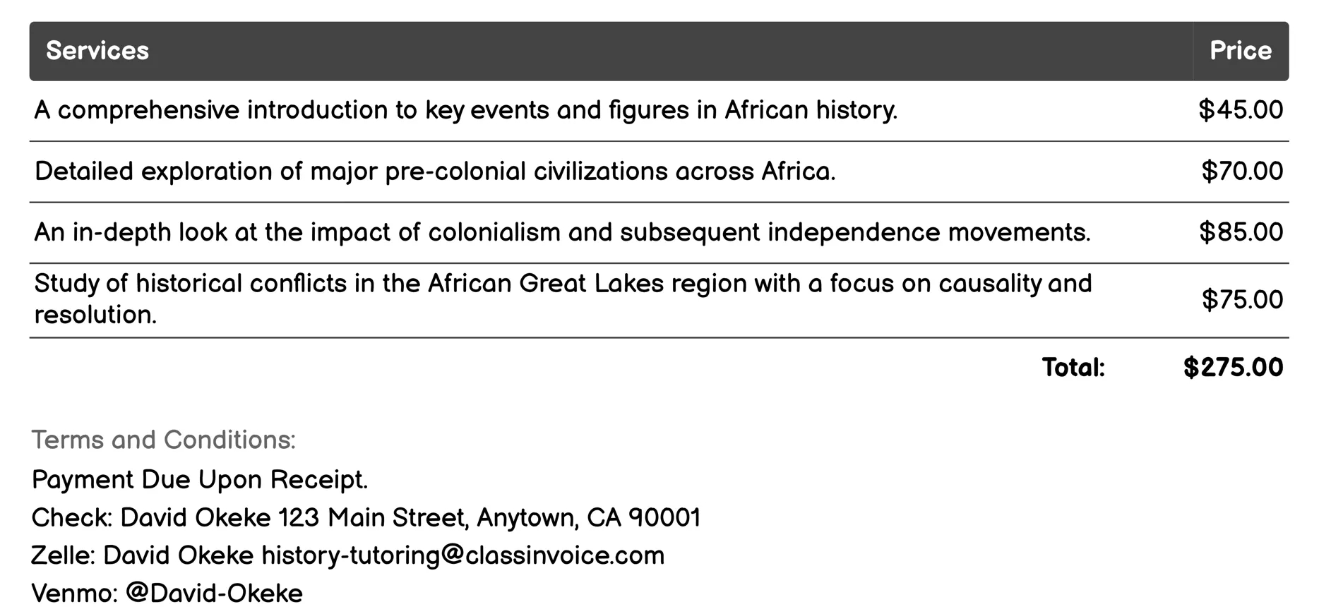 African History Tutoring Invoice Example