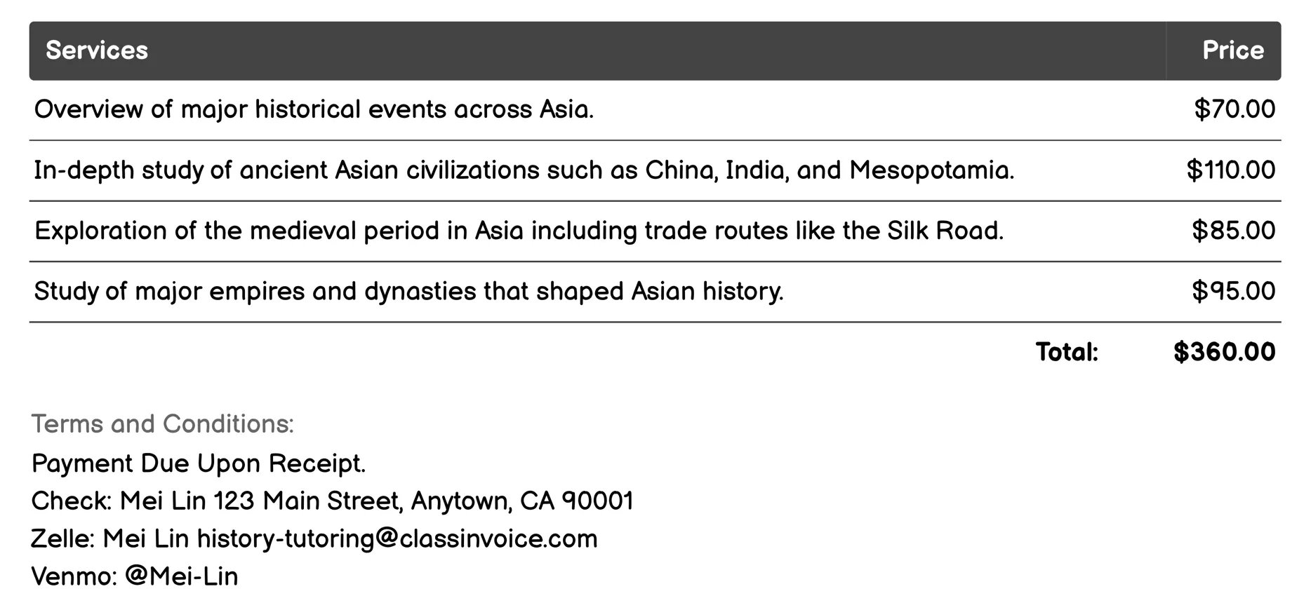 Asian History Tutoring Invoice Example