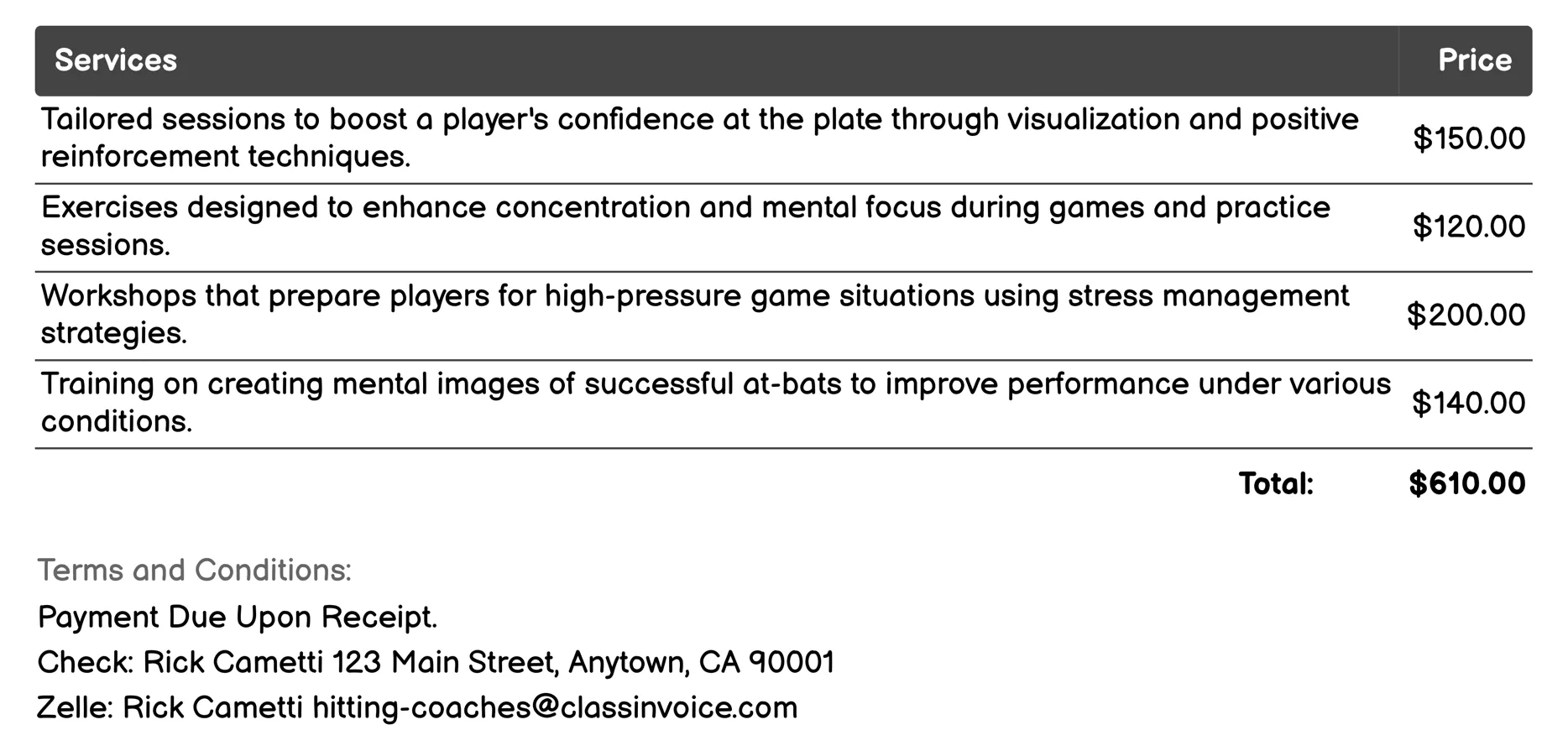 Mental Game Coaching Invoice Example