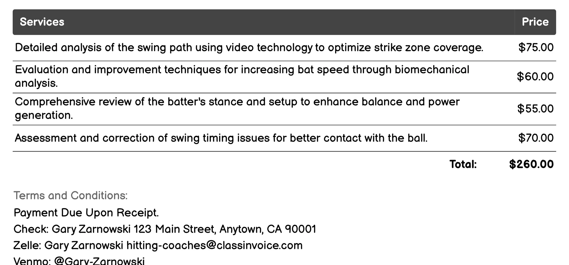 Swing Analysis Invoice Example