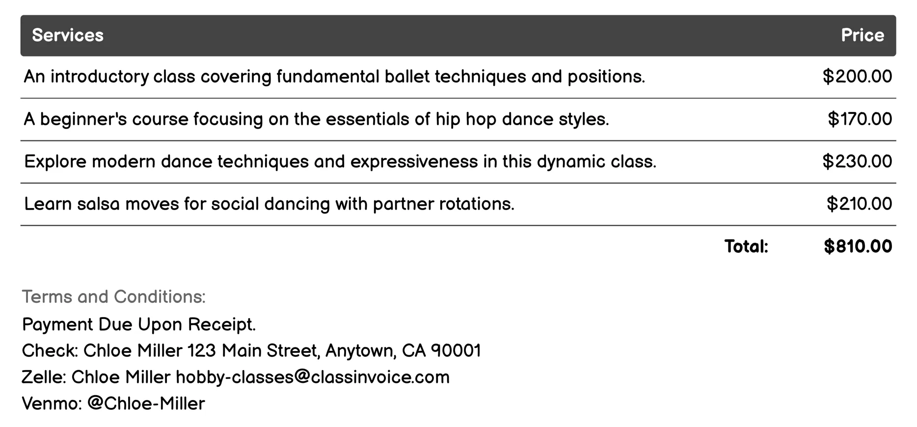 Dance Invoice Example