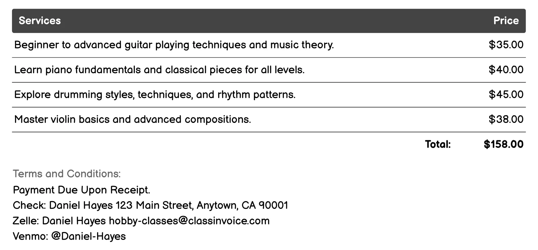 Music and Instruments Invoice Example