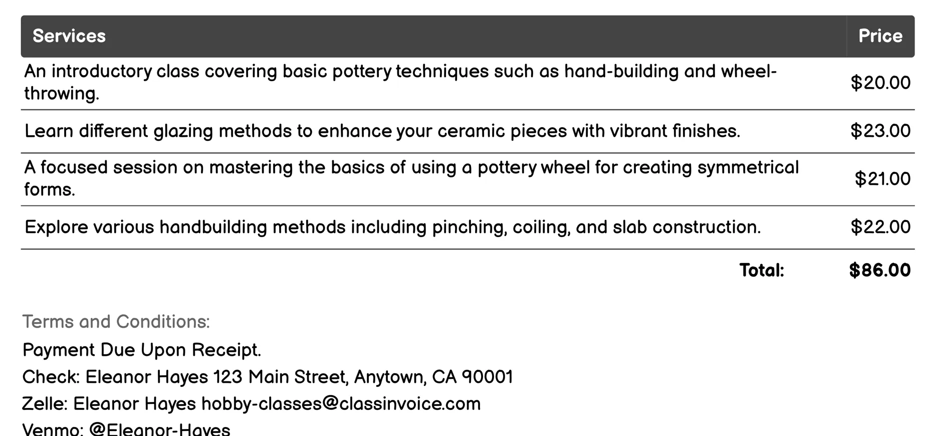 Pottery and Ceramics Invoice Example