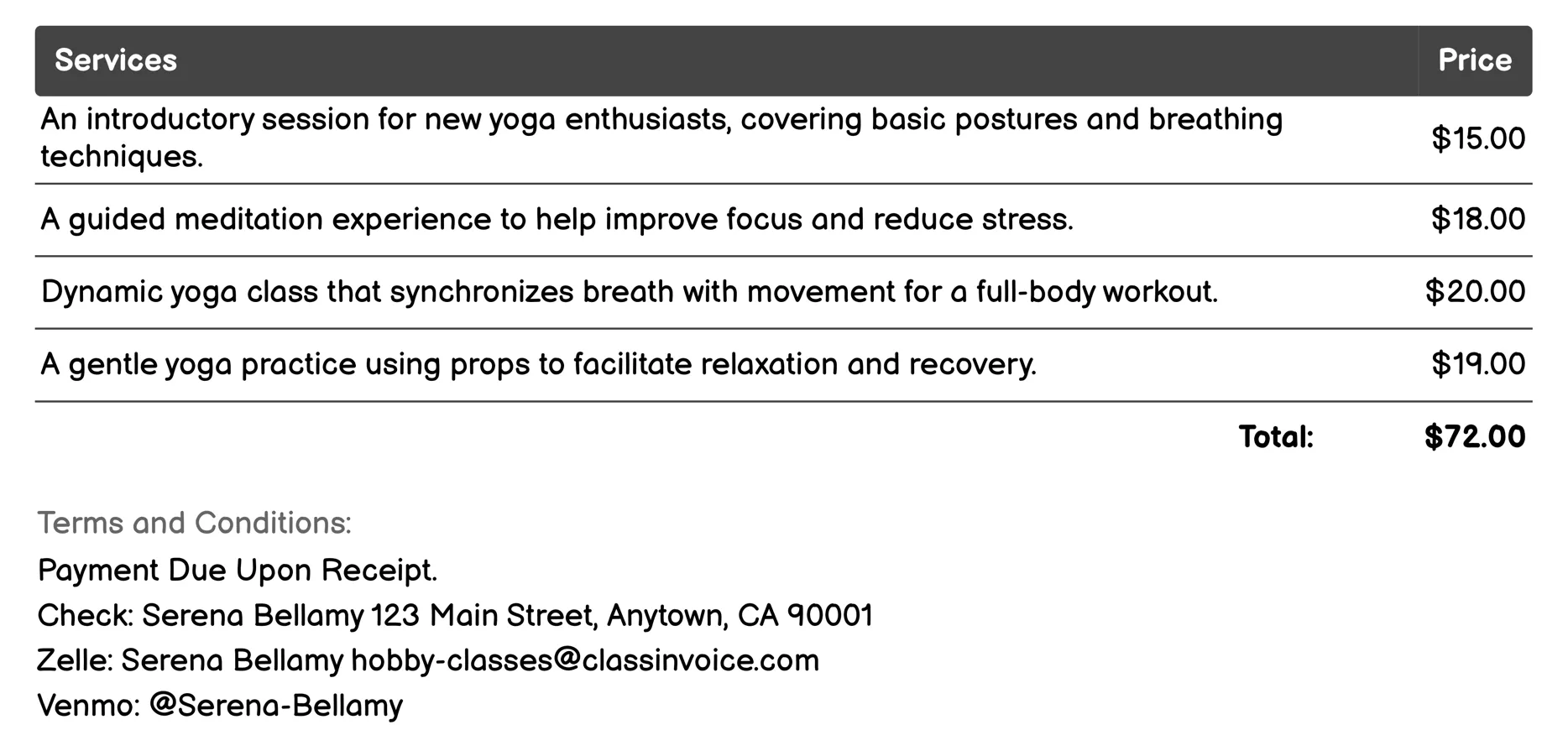 Yoga and Meditation Invoice Example