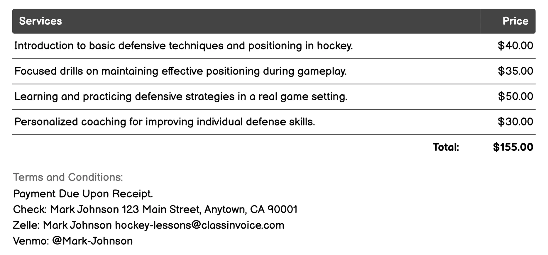 Defense and Positioning Classes Invoice Example