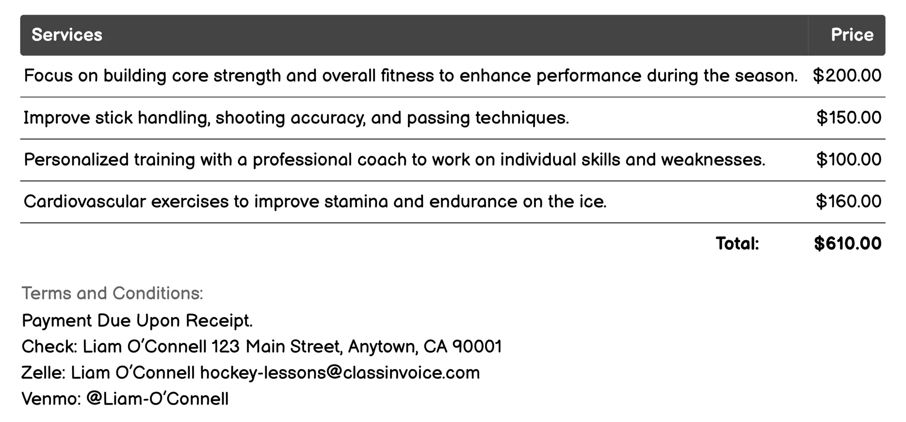 Off-Season Training Invoice Example