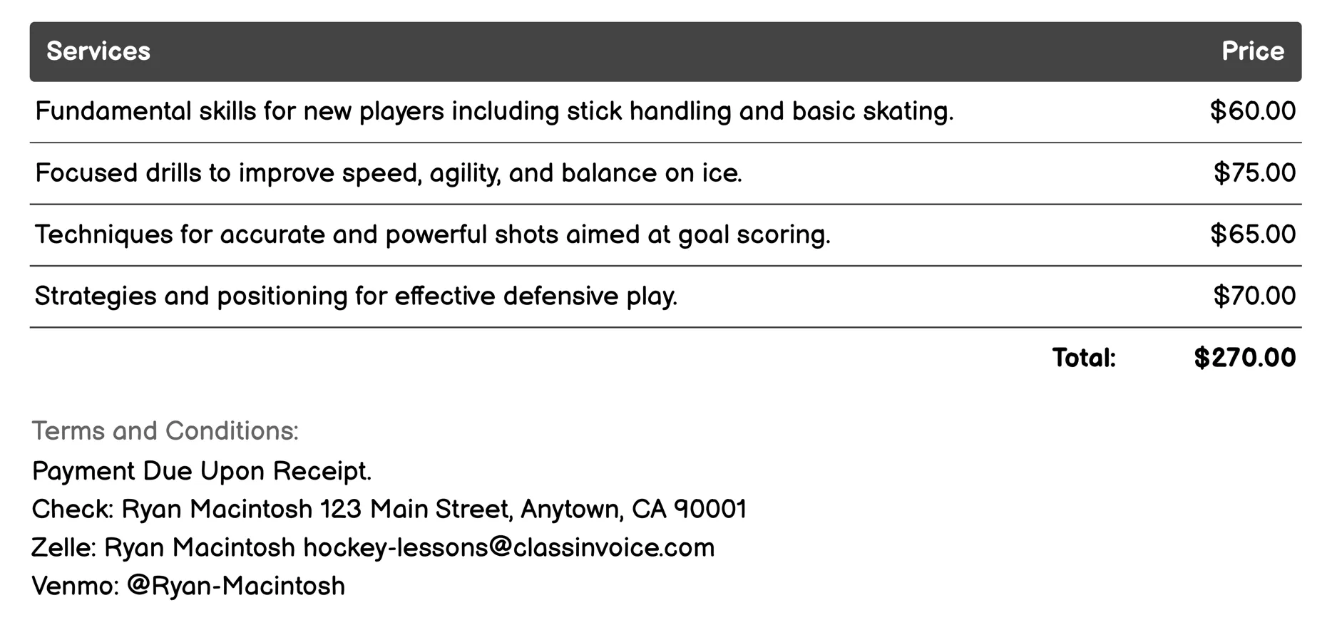 Private Coaching Sessions Invoice Example