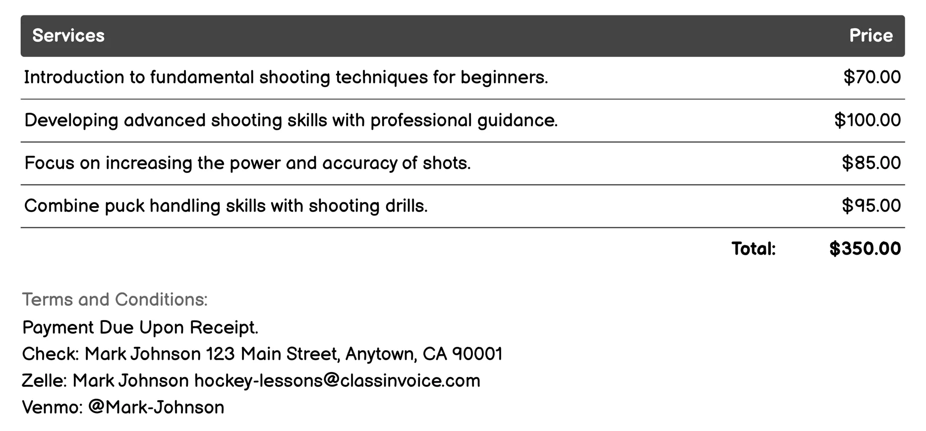 Shooting Clinics Invoice Example