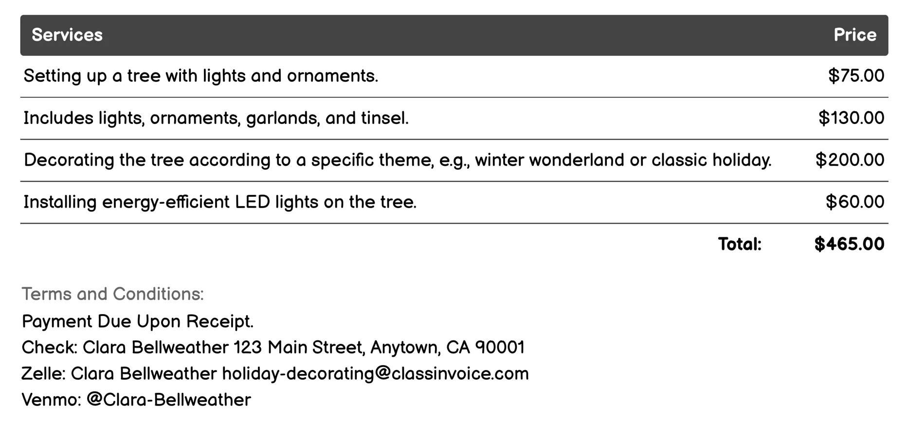 Tree Decorating Invoice Example