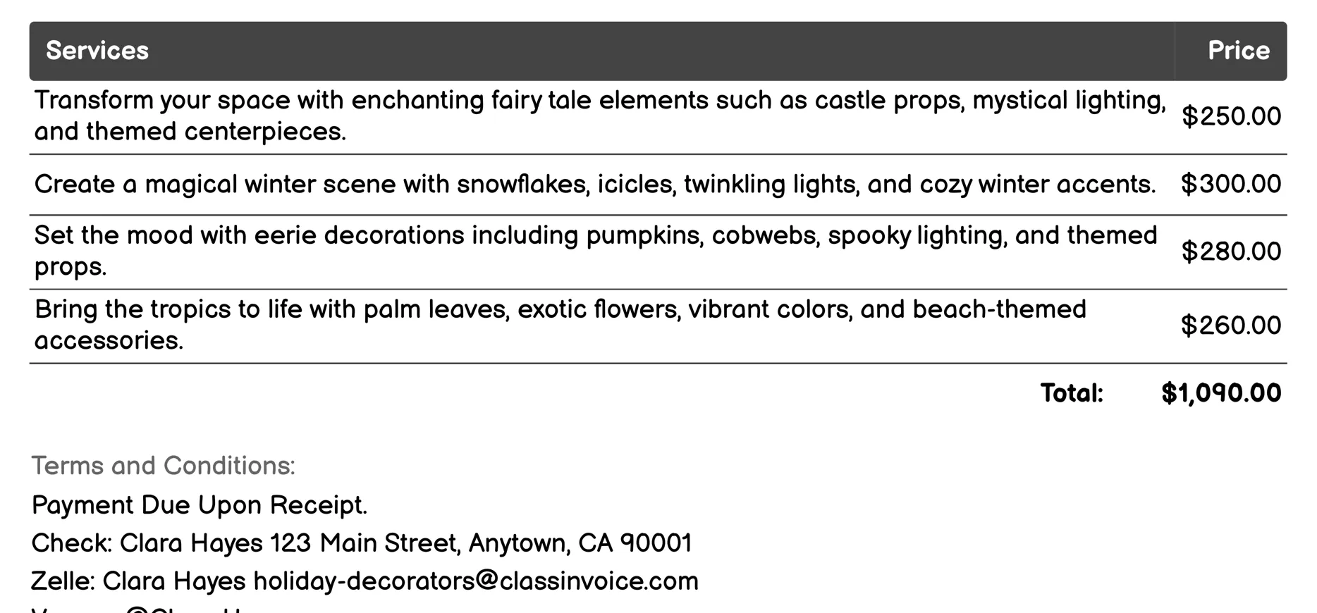 Themed Party Decorations Invoice Example