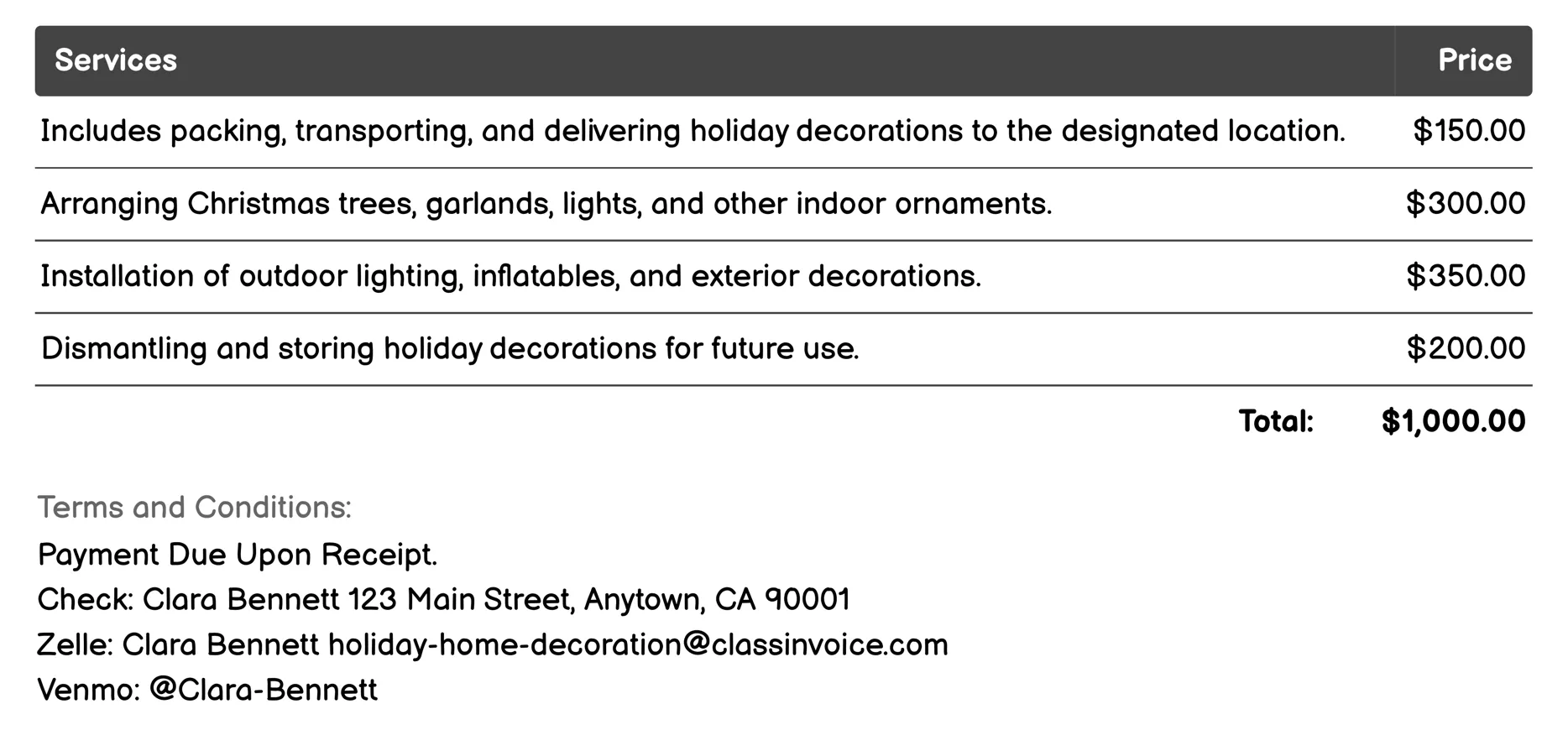 Holiday Décor Transport and Setup Invoice Example