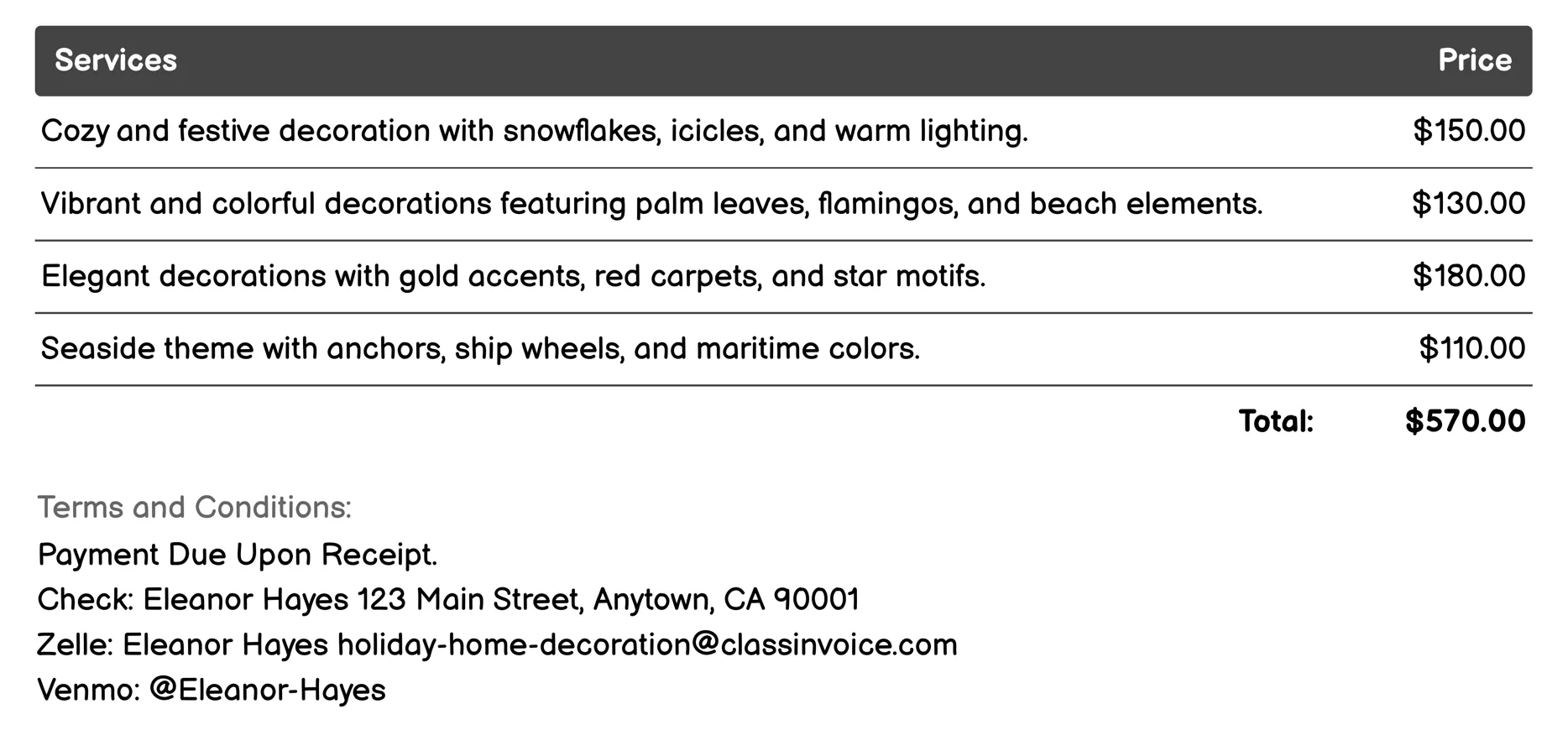 Thematic Decoration Packages Invoice Example