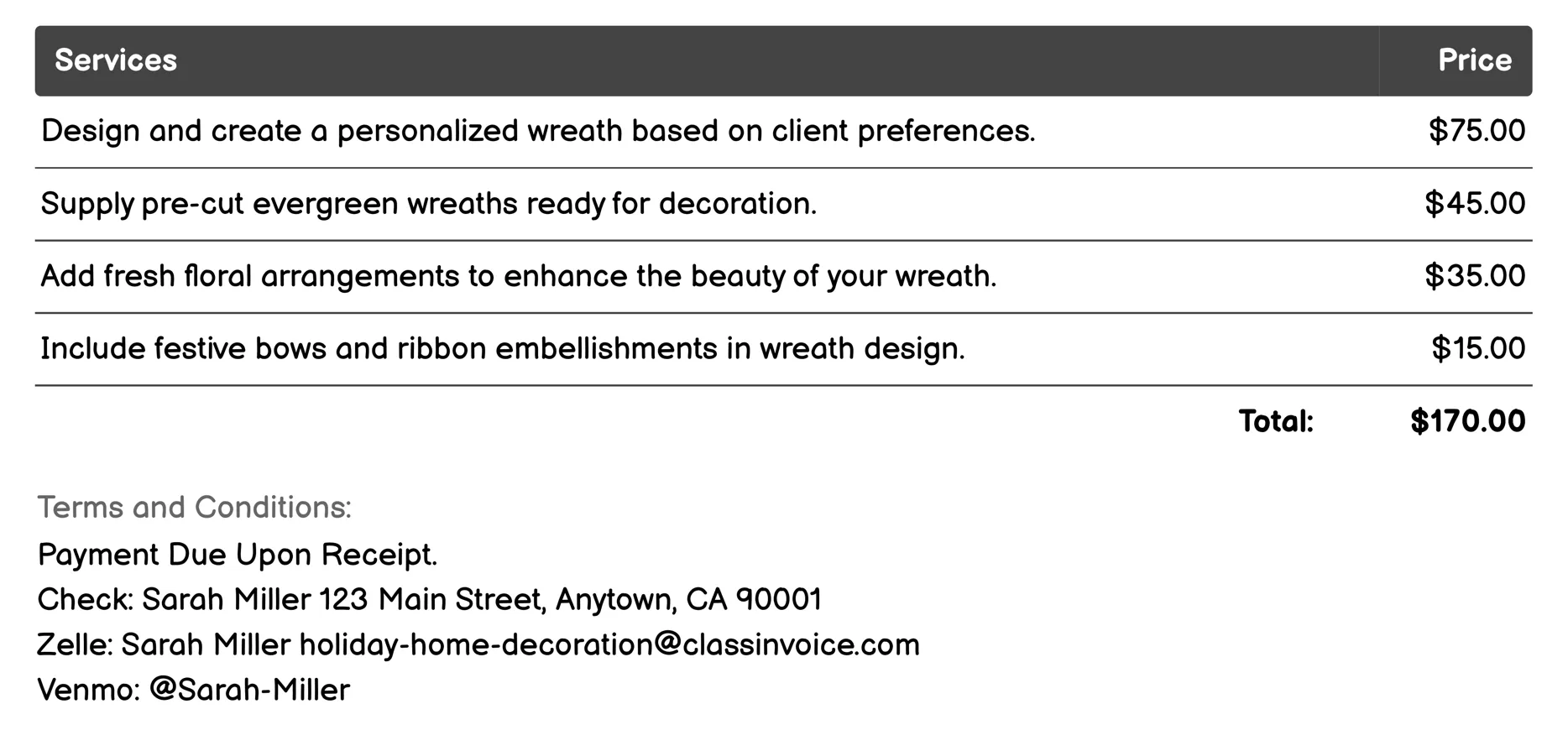 Wreath Making Services Invoice Example