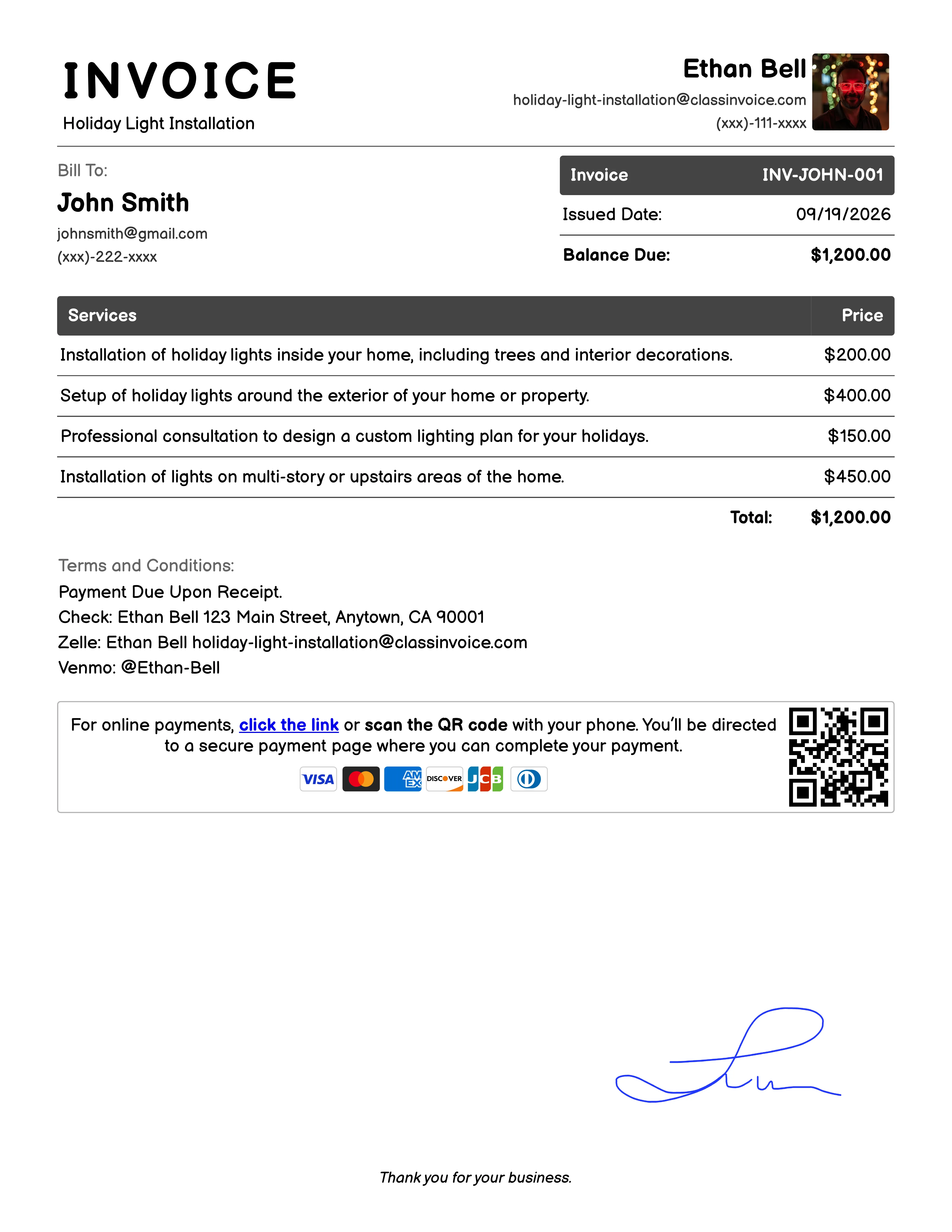 Holiday Light Installation Invoice Example