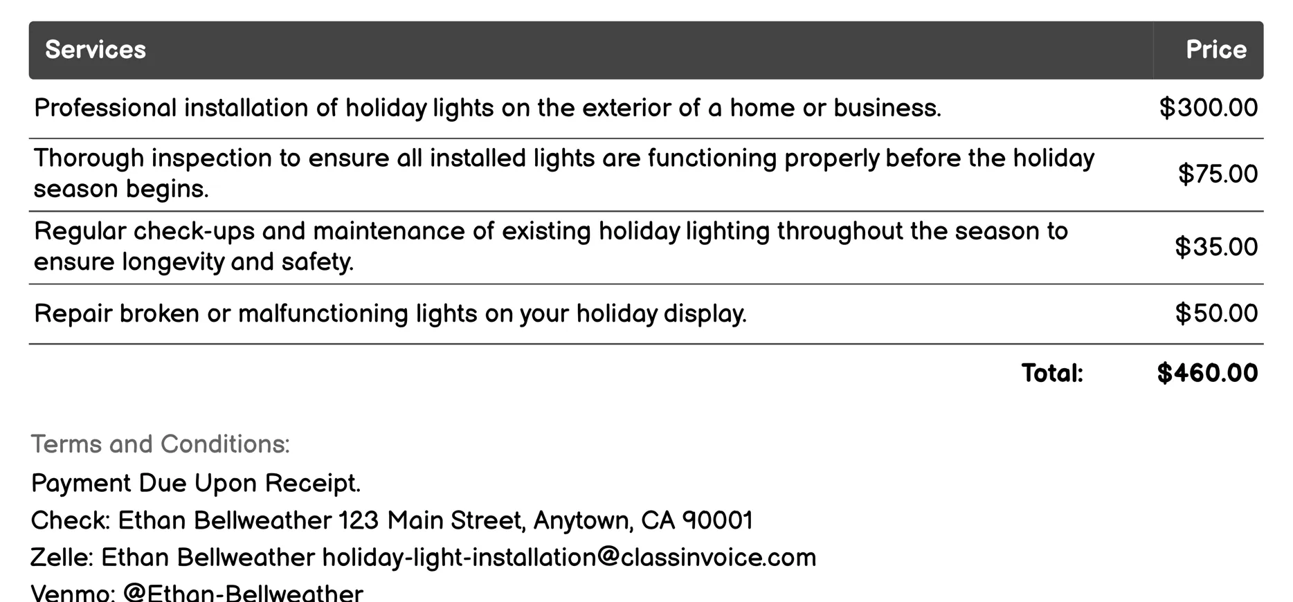 Holiday Lighting Maintenance Invoice Example