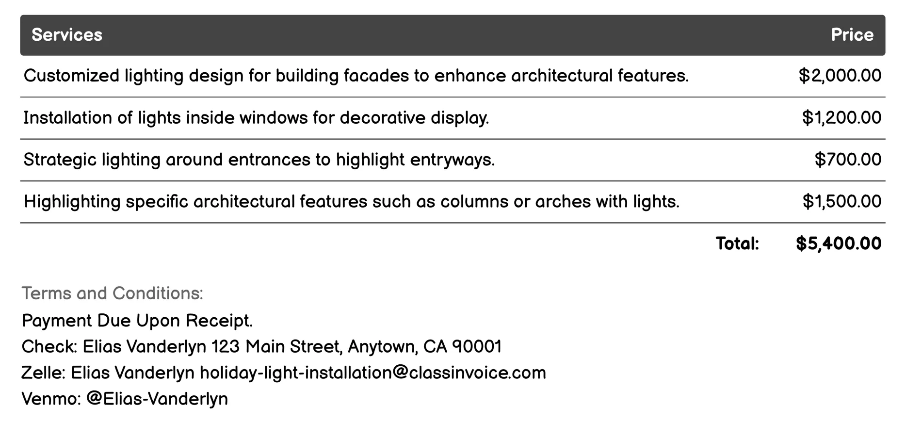 Illuminated Architectural Features Invoice Example