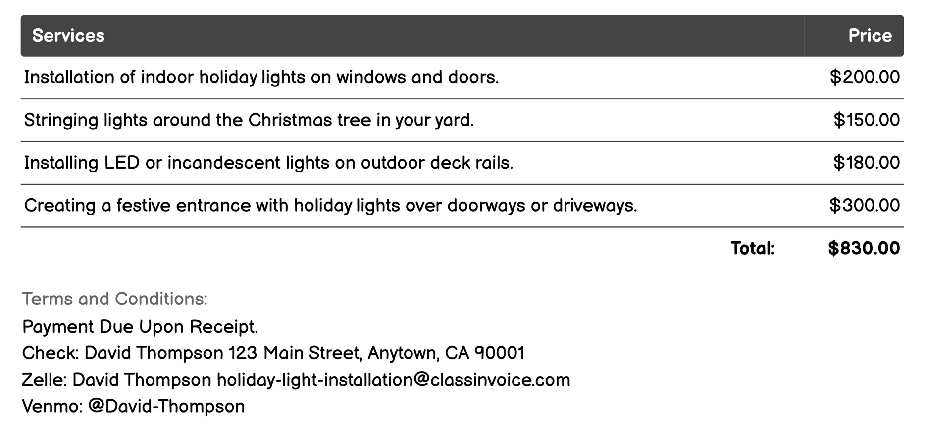 Residential Holiday Light Installation Invoice Example