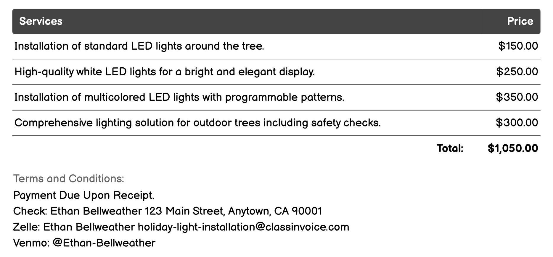 Tree Lighting Services Invoice Example